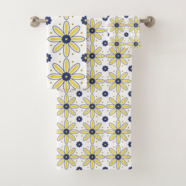 Navy Blue & Yellow Mediterranean Daisy  Bath Towel Set (Insitu)