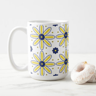 Navy Blue & Yellow Mediterranean Daisy Tile Coffee Mug