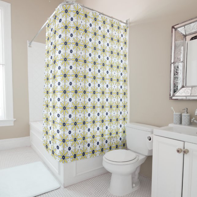 Navy Blue & Yellow Mediterranean Daisy Tile Shower Curtain (In Situ)