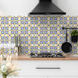 Navy Blue Yellow Mediterranean Pattern White Ceramic Tile