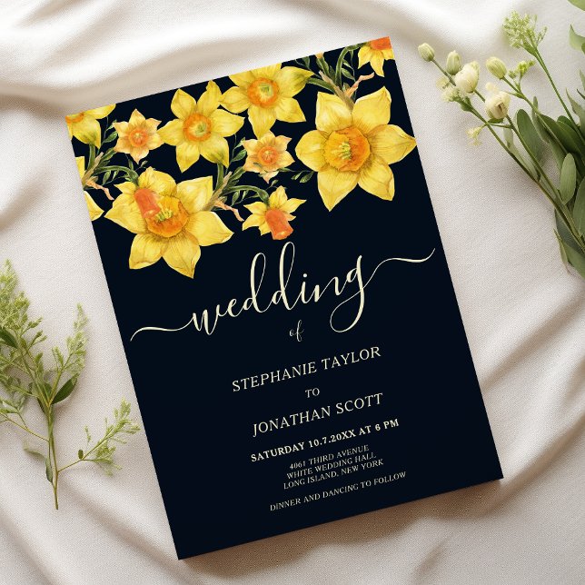 Navy blue yellow orange daffodils floral wedding  invitation (Navy blue yellow orange daffodils floral wedding)