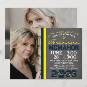 Navy Blue & Yellow Paw Print Graduation 2 Photo Invitation