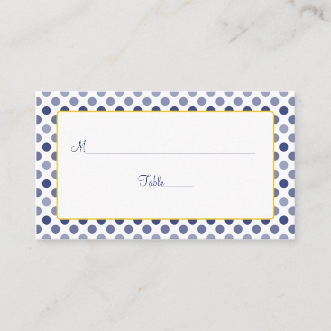 Navy Blue Yellow Polka Dot Wedding Place Cards (Front)