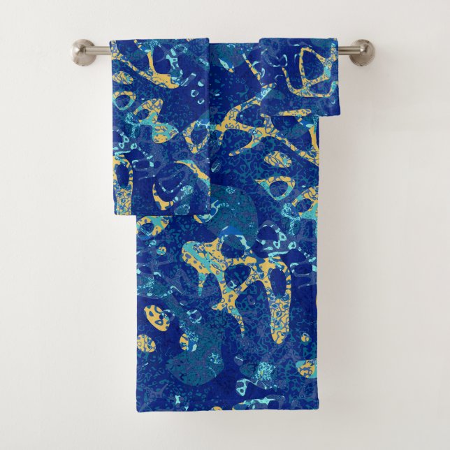 Navy Blue & Yellow Spotted Graphic Abstraction Bath Towel Set (Insitu)