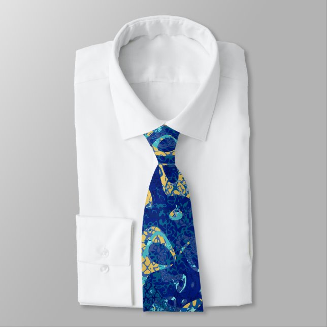 Navy Blue & Yellow Spotted Graphic Abstraction Tie (Tied)