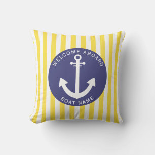 Navy Blue Yellow Stripe Boat Name Anchor Nautical  Cushion