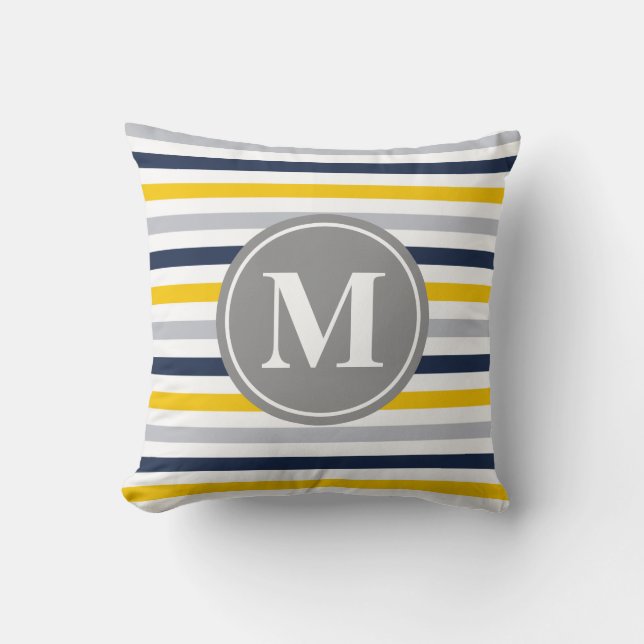 Navy Blue Yellow Striped Pattern Monogram Cushion (Front)