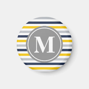 Navy Blue Yellow Striped Pattern Monogram Magnet