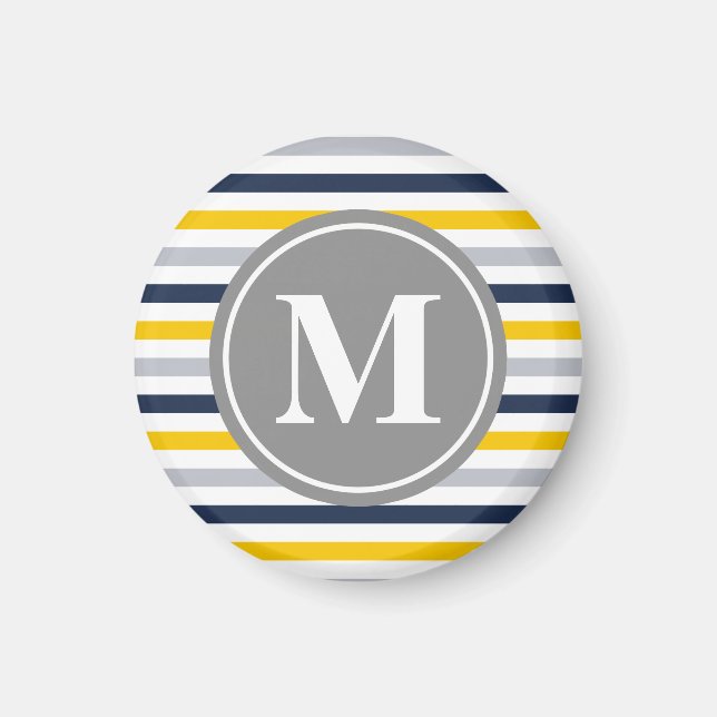 Navy Blue Yellow Striped Pattern Monogram Magnet (Front)