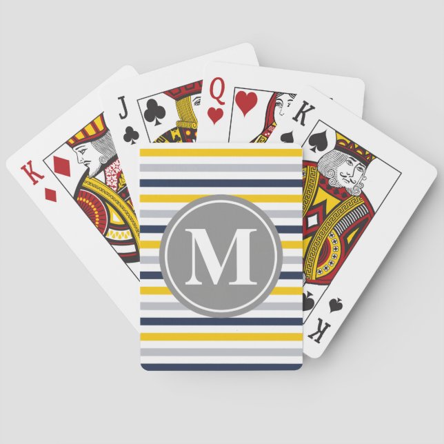 Navy Blue Yellow Striped Pattern Monogram Playing Cards (Back)