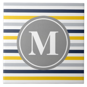 Navy Blue Yellow Striped Pattern Monogram Tile