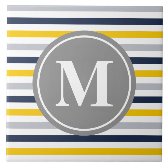 Navy Blue Yellow Striped Pattern Monogram Tile (Front)