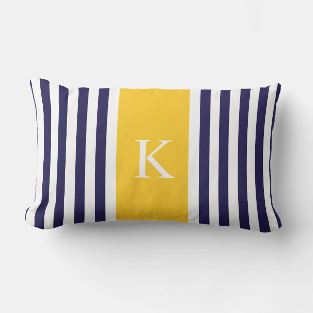 Navy Blue Yellow Stripes Monogram Lumbar Cushion (Front)