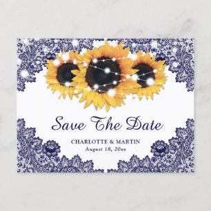 Navy Blue Yellow Sunflower Wedding Save The Date Announcement Postcard