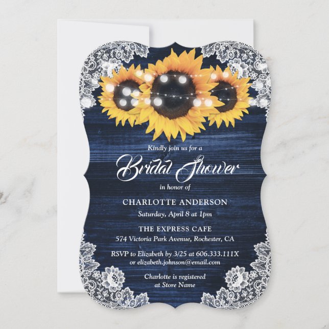 Navy Blue Yellow Sunflower Wood Lace Bridal Shower Invitation (Front)