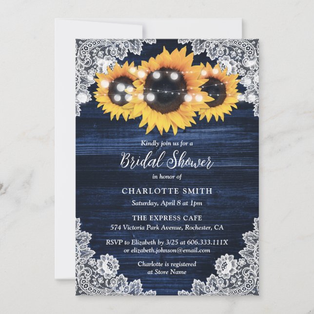 Navy Blue Yellow Sunflower Wood Lace Bridal Shower Invitation (Front)