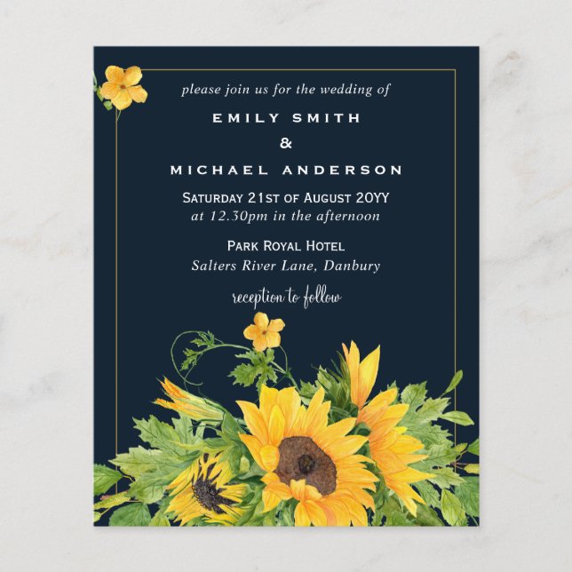 Navy Blue Yellow Sunflowers Wedding Invites (Front)
