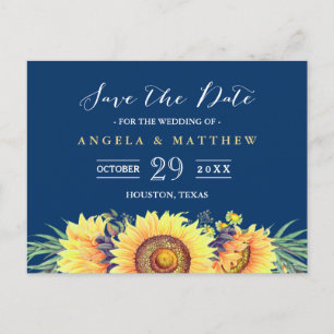 Navy Blue Yellow Sunflowers Wedding Save the Date Announcement Postcard