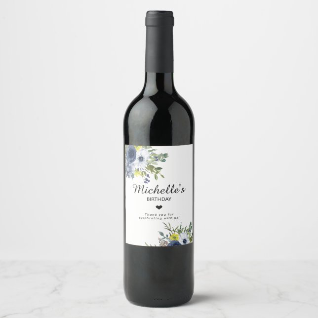 Navy Blue Yellow Watercolor Floral Birthday Wine Label (Front)