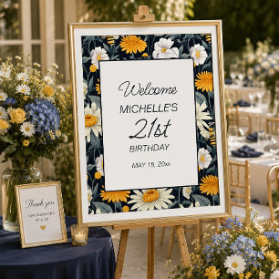 Navy Blue Yellow White Daises Birthday Welcome Poster