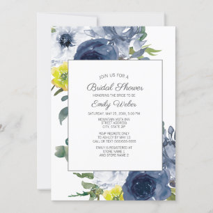 Navy Blue Yellow White Floral Bridal Shower Invitation