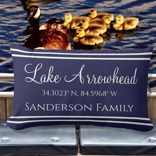Navy Blue Your Lake and Family Name  Map Corinates Lumbar Cushion (Creator Uploaded)