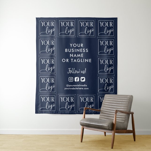Navy Blue Your Logo & Social Media Backdrop Tapestry (In Situ)