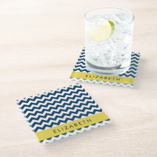 Navy Blue Zigzag, Navy Blue Chevron, Your Name Glass Coaster