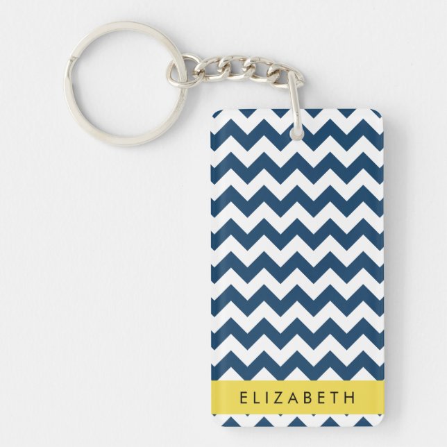 Navy Blue Zigzag, Navy Blue Chevron, Your Name Key Ring (Front)