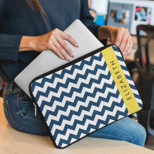 Navy Blue Zigzag, Navy Blue Chevron, Your Name Laptop Sleeve