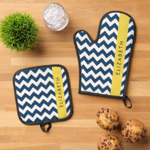 Navy Blue Zigzag, Navy Blue Chevron, Your Name Oven Mitt & Pot Holder Set