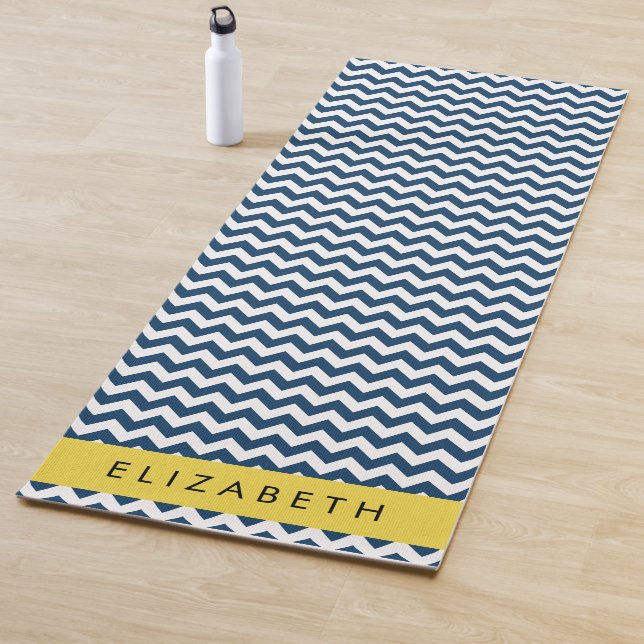 Navy Blue Zigzag, Navy Blue Chevron, Your Name Yoga Mat (In Situ)