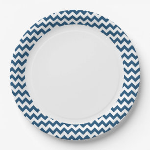 Navy Blue Zigzag Stripes Chevron Pattern Paper Plate