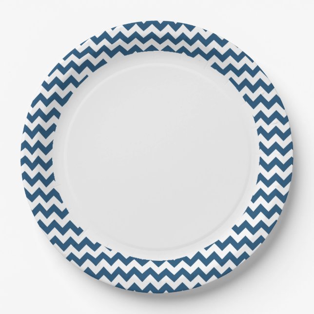 Navy Blue Zigzag Stripes Chevron Pattern Paper Plate (Front)