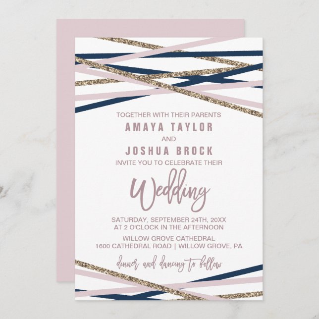 Navy Blush and Gold Streamers Wedding Invitation (Front/Back)
