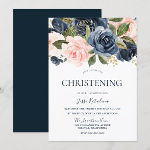 Navy & Blush Baby Boy or Girls Christening Baptism Invitation
