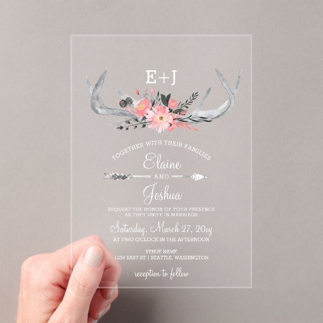 Navy Blush Blooming Antlers Country Chic Wedding Acrylic Invitations (Insitu (Handheld))