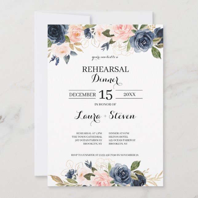 Navy Blush Blossom Floral Wedding Rehearsal Dinner Invitation (Front)