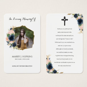 Navy Blush Blossom Photo Funeral Prayer Cards