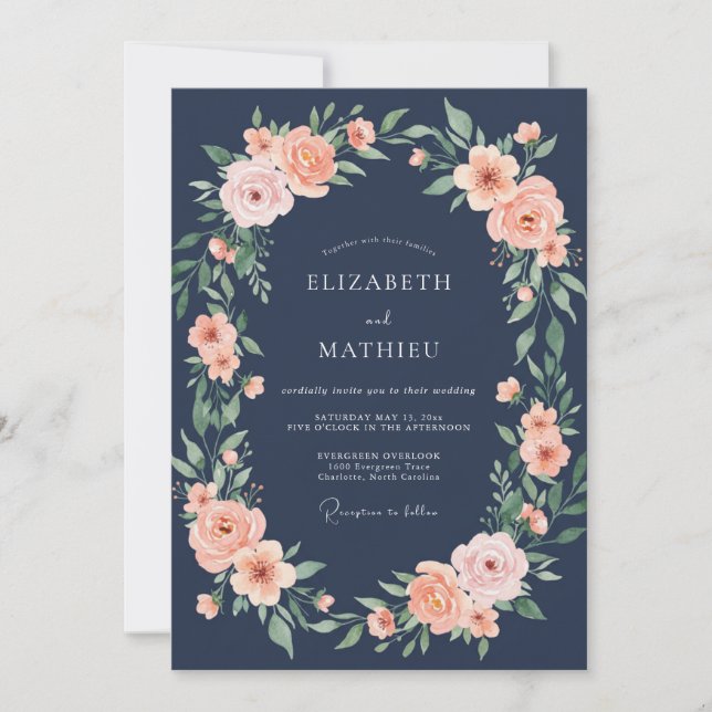 Navy Blush Blossom Romance Wedding Invitation (Front)