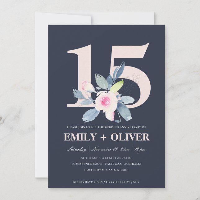 NAVY BLUSH BLUE FLORAL 15TH ANY YEAR ANNIVERSARY INVITATION (Front)