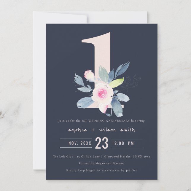 NAVY BLUSH BLUE FLORAL 1st ANY YEAR ANNIVERSARY Invitation (Front)