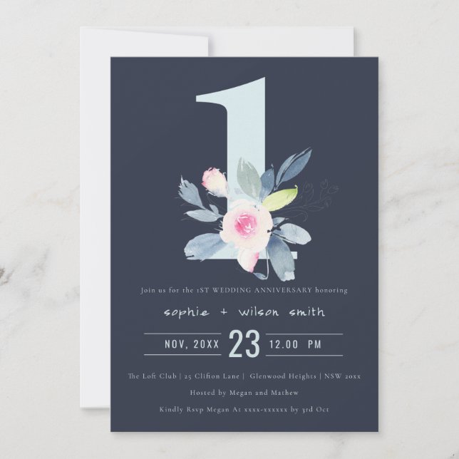 NAVY BLUSH BLUE FLORAL 1st ANY YEAR ANNIVERSARY Invitation (Front)