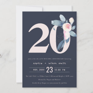 NAVY BLUSH BLUE FLORAL 20TH ANY YEAR ANNIVERSARY INVITATION