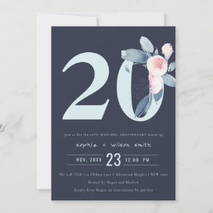 NAVY BLUSH BLUE FLORAL 20TH ANY YEAR ANNIVERSARY INVITATION