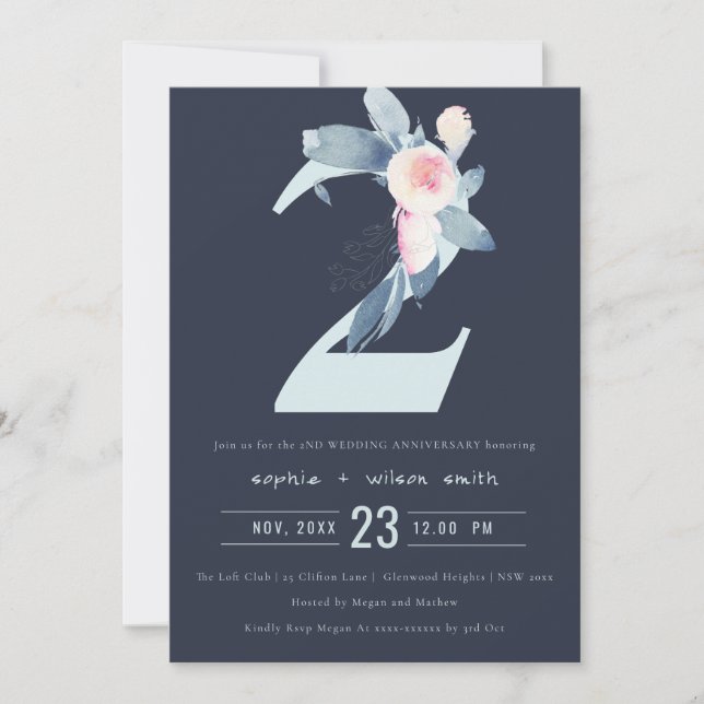 NAVY BLUSH BLUE FLORAL 2ND ANY YEAR ANNIVERSARY INVITATION (Front)