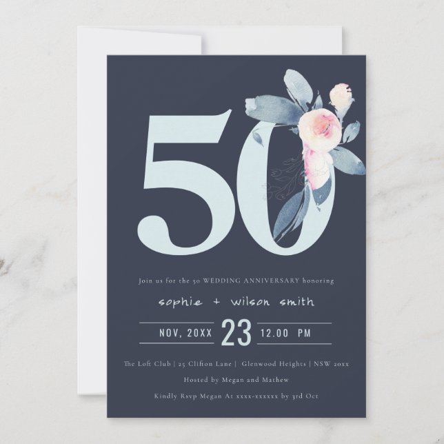 NAVY BLUSH BLUE FLORAL 50TH ANY YEAR ANNIVERSARY INVITATION (Front)