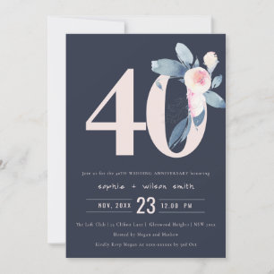 NAVY BLUSH BLUE FLORAL 50TH ANY YEAR ANNIVERSARY INVITATION