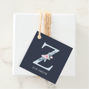 NAVY BLUSH BLUE FLORAL ALPHABETS NAME LETTER Z FAVOUR TAGS