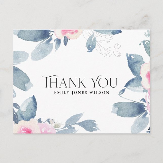 NAVY BLUSH BLUE FLORAL ANY AGE BIRTHDAY THANK YOU ANNOUNCEMENT POSTCARD (Front)